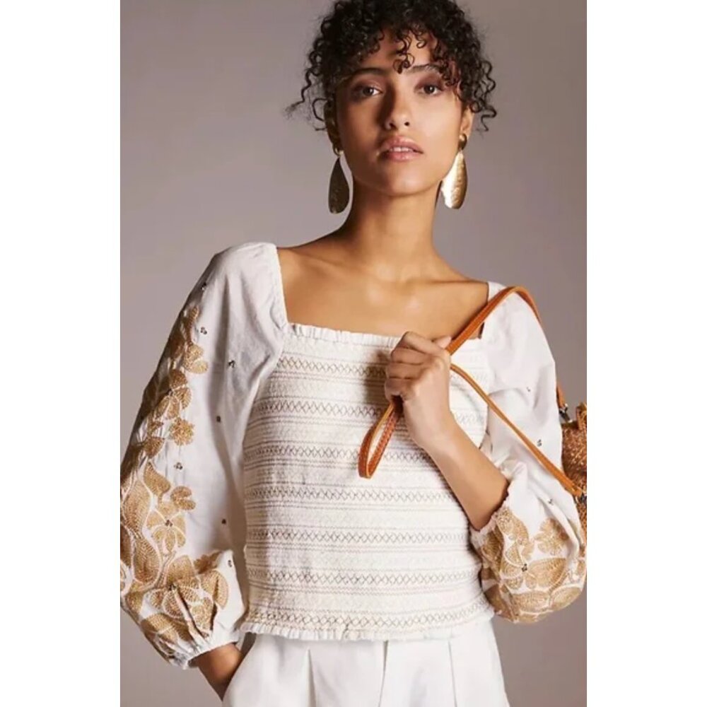 Anthropologie Embroidered Puff Sleeve Top